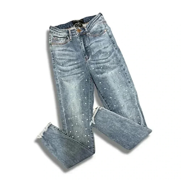 Skinny Fries Denim - Skinny Fries Jeans Size 07 Blue Rhinestone Pearl Distressed Raw Hem Denim